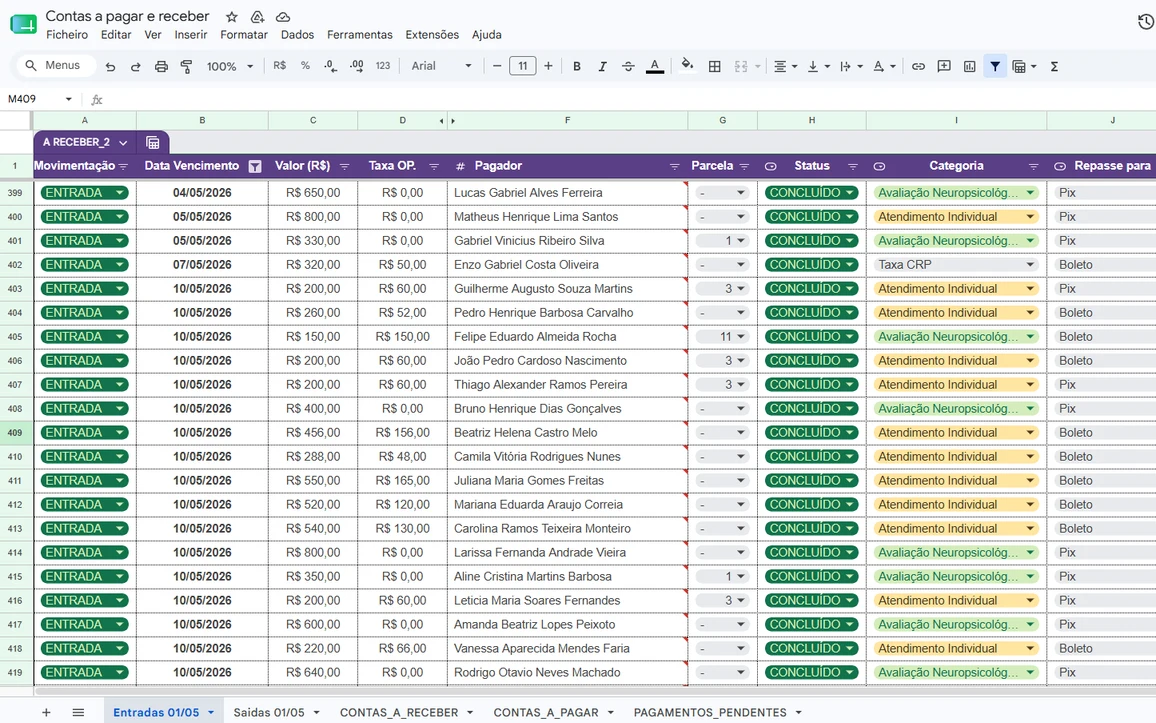 Captura real da planilha de controle que um cliente usava antes do projeto: várias abas, células pintadas à mão, colunas de data e valor, fórmula quebrada visível. Anonimize nomes e valores, mas mantenha a bagunça — é ela que prova o ponto.