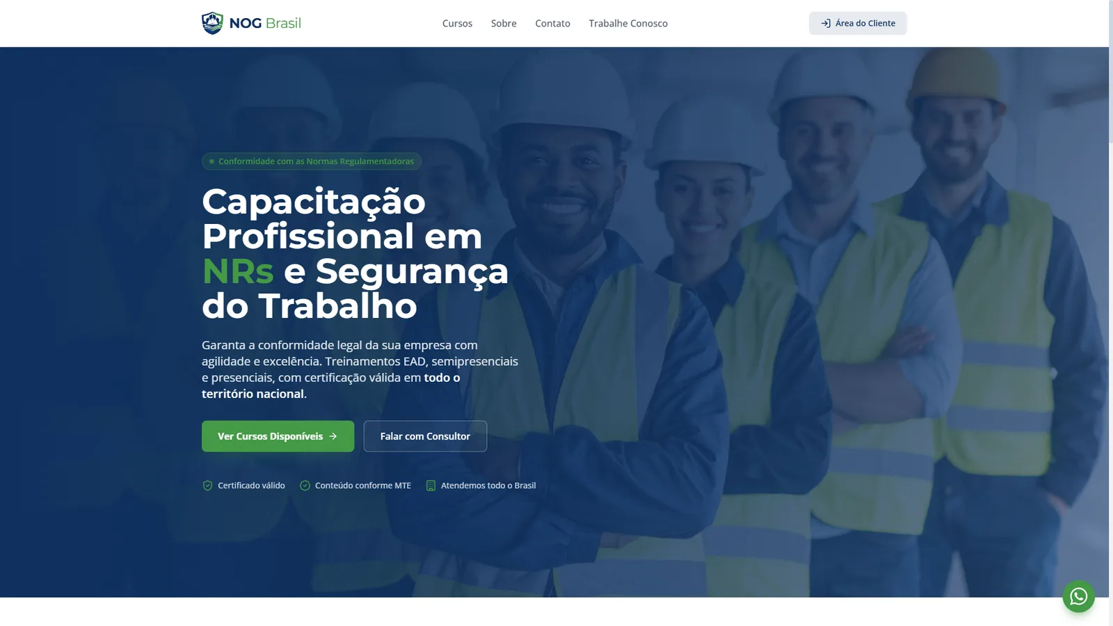 Página inicial de um site de cursos, com o título Capacitação profissional em NRs e segurança do trabalho