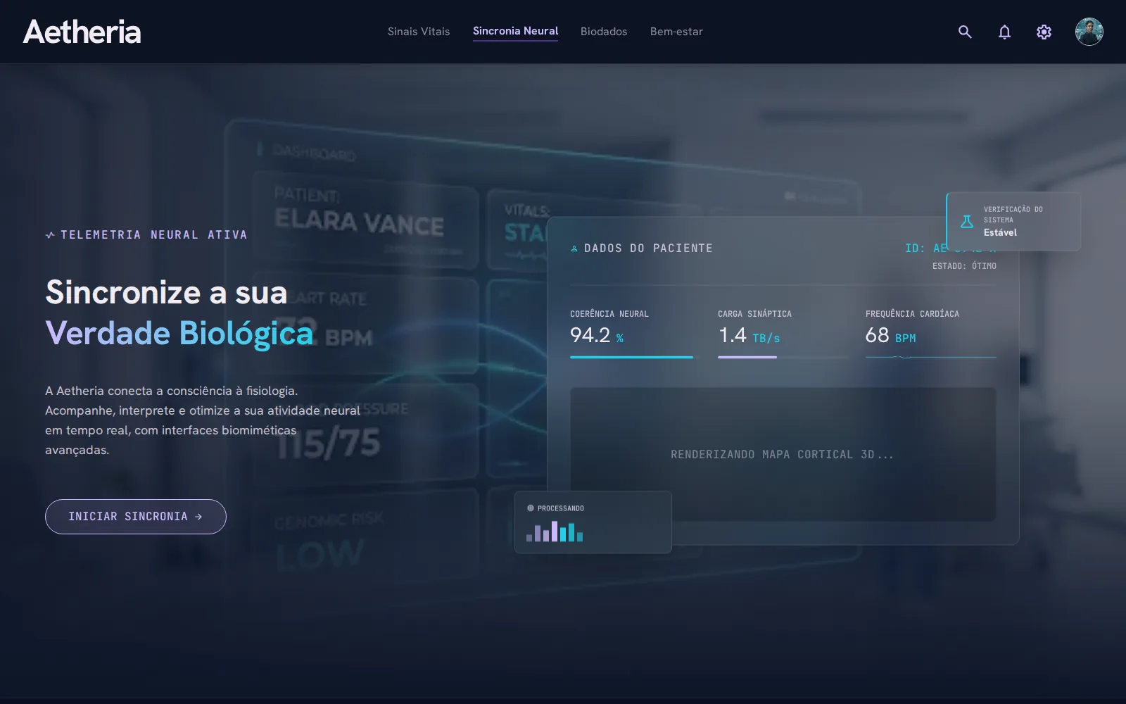Painel de acompanhamento de saúde digital, com indicadores de sinais vitais em tempo real