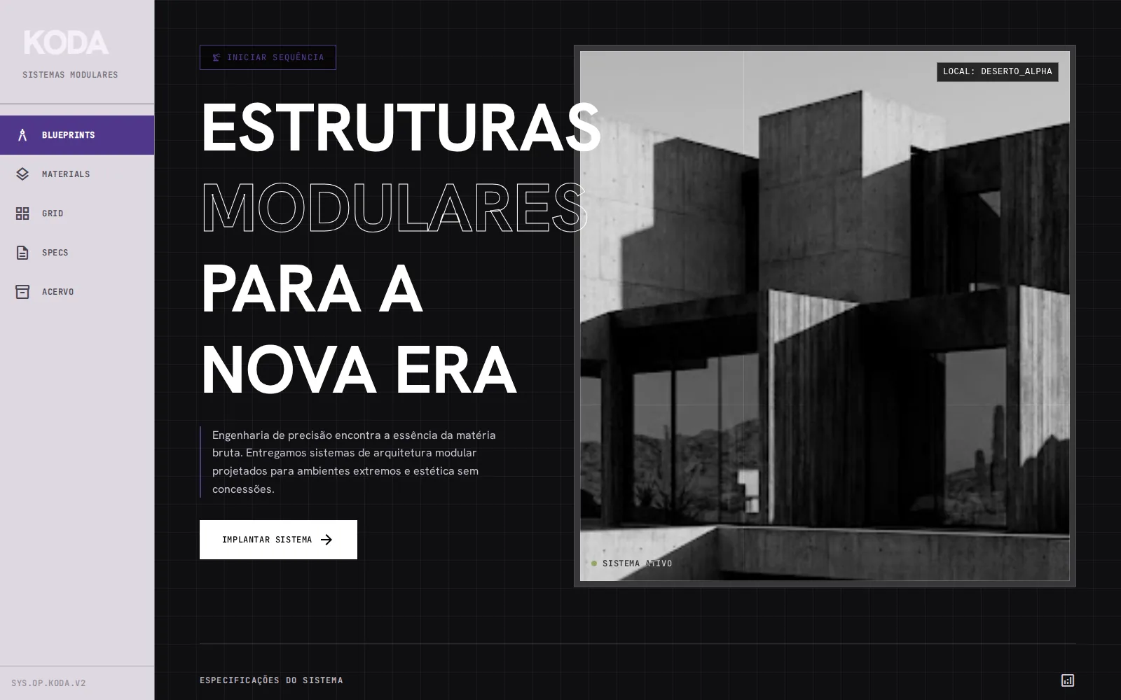 Página inicial de uma construtora de estruturas modulares, com o título Estruturas Modulares para a Nova Era