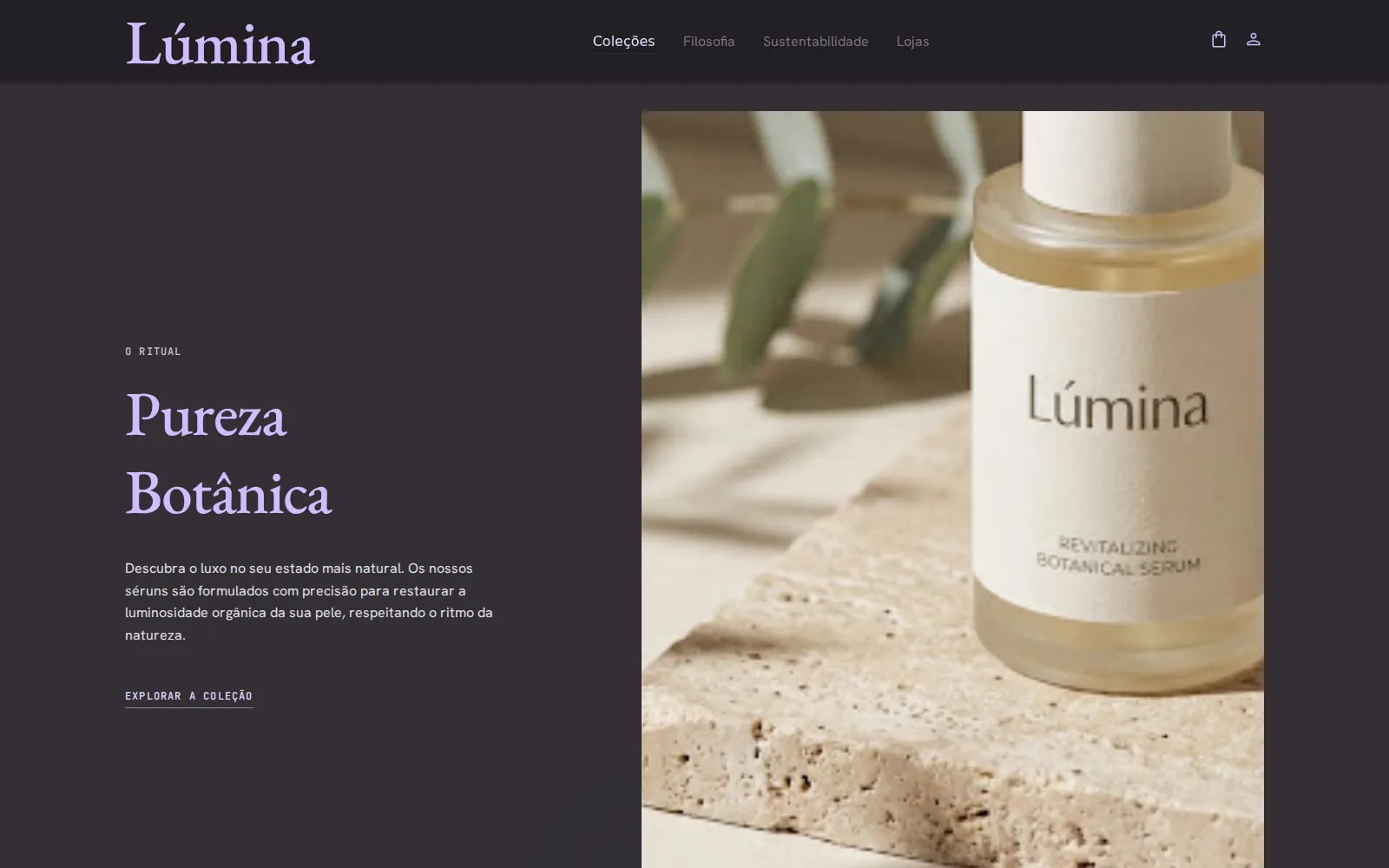 Página inicial de uma marca de cosméticos botânicos, com o título Pureza Botânica