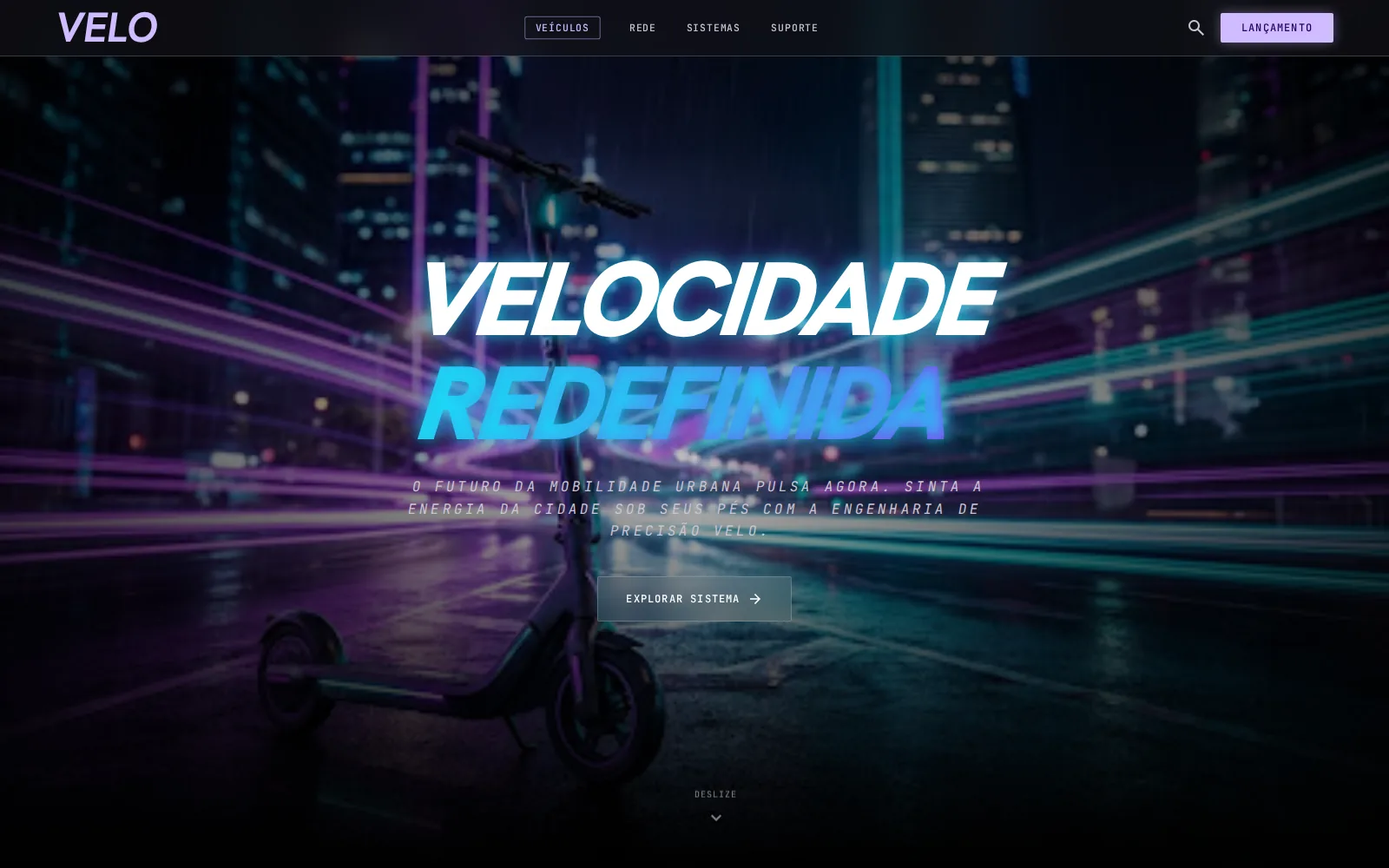 Página inicial de uma marca de mobilidade urbana, com o título Velocidade Redefinida