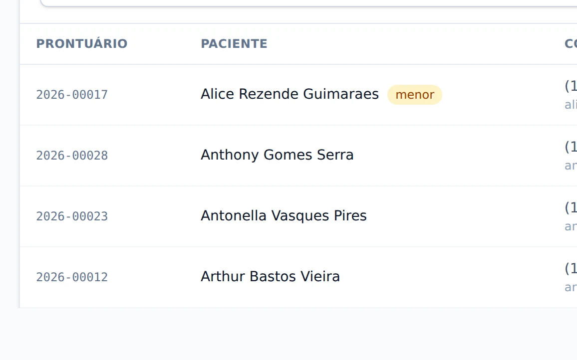 Cadastro de pacientes com prontuário, contato e consentimento registrado