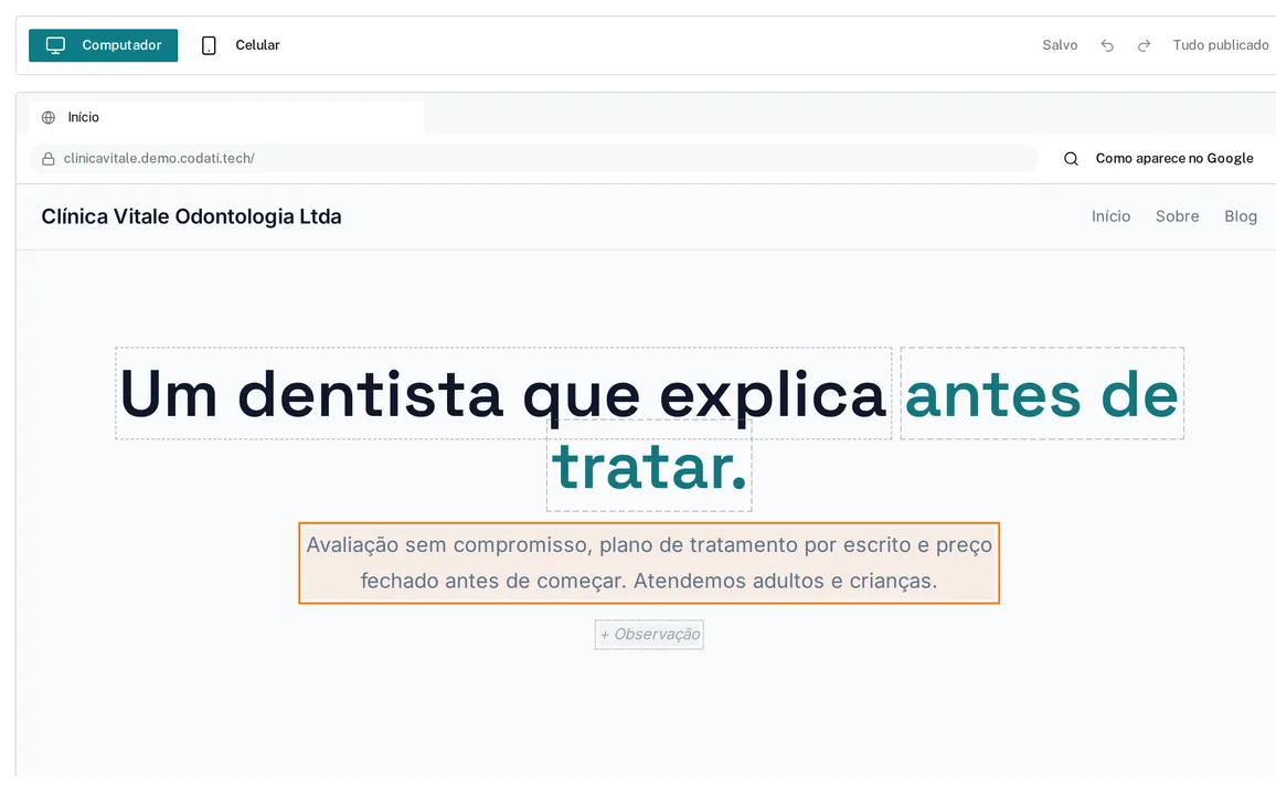 Editor do painel Codati com a página do site aberta e um texto selecionado para edição