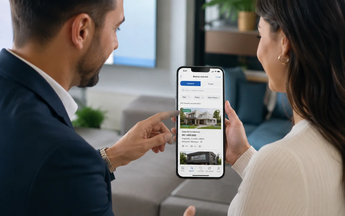 Captura do portal de imóveis que vocês entregaram: a busca com filtros e a ficha de um imóvel. Se puder, mostre no celular, que é onde o comprador olha.